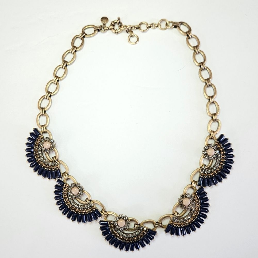 Vintage J. Crew Rhinestone Fan Scallop Chunky Statement Gold Tone 19" Necklace